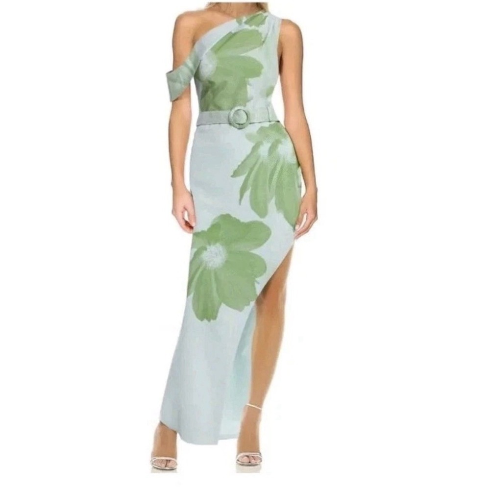 Jewel Badgley Mischka New One Shoulder Floral Belted Maxi Column Dress Size 2